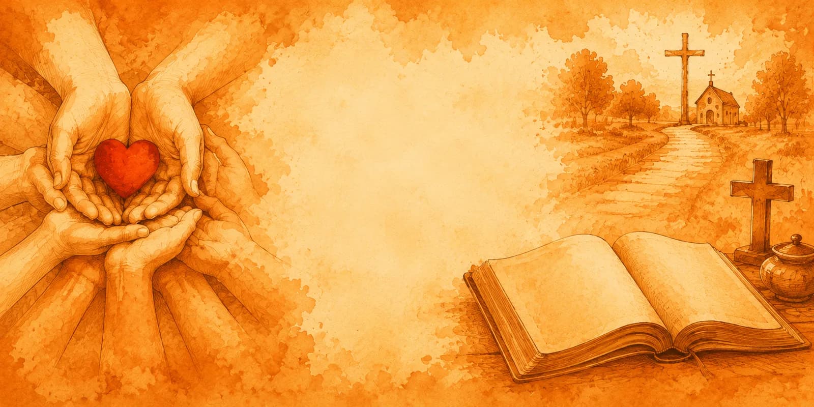 Watercolour illustration of hands holding a heart, an open Bible and a cross
