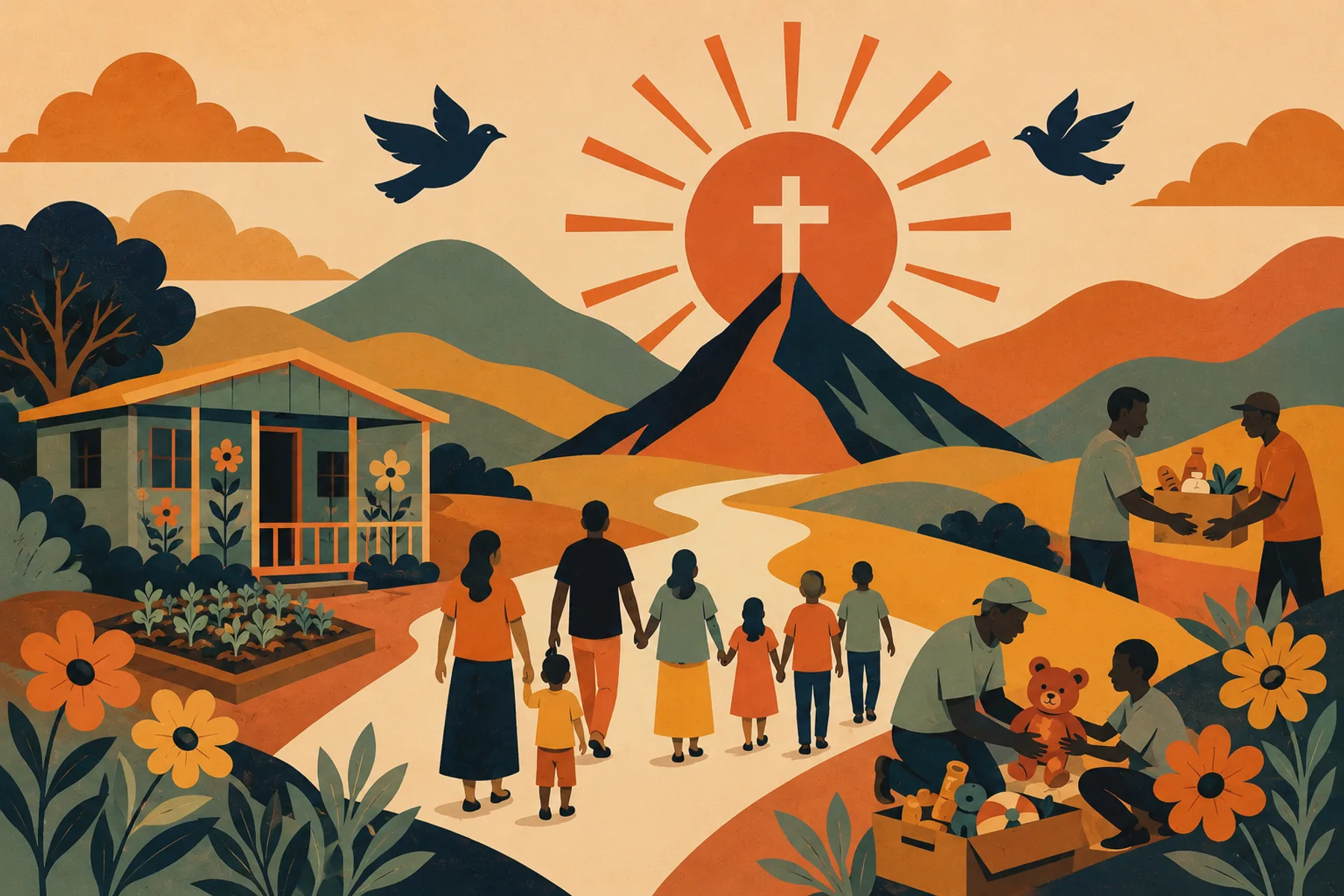 An illustration of the church's outreach: a cross on the hill, families walking together, a painted cabin and garden, and goods being handed over