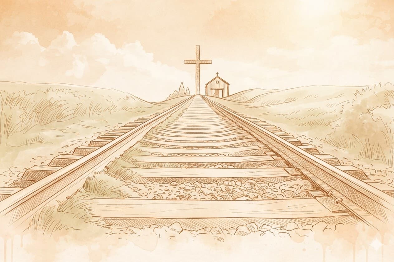 Train tracks leading to a church with a cross: the two tracks of faith